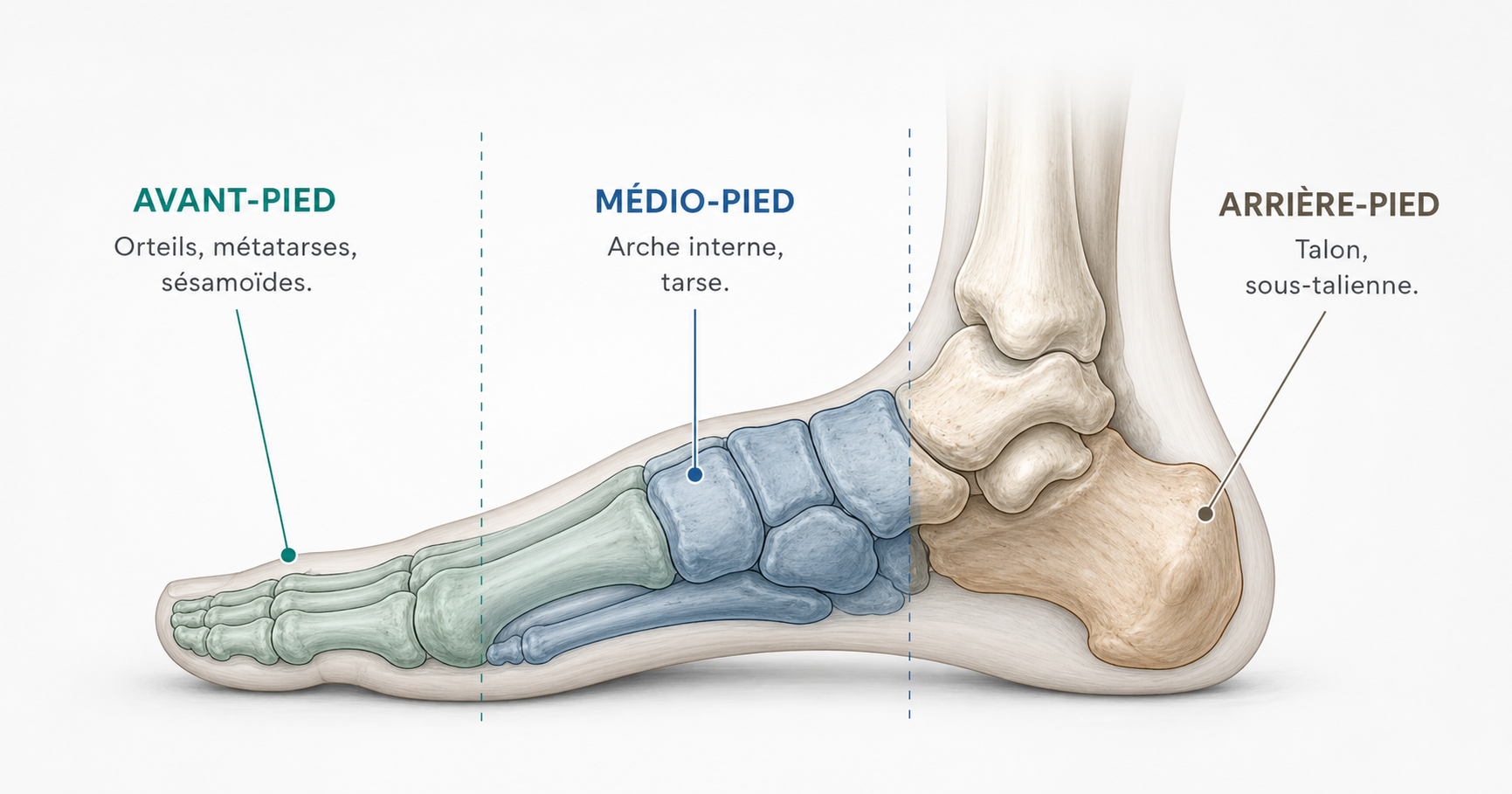 Les trois zones anatomiques du pied : avant-pied, médio-pied, arrière-pied